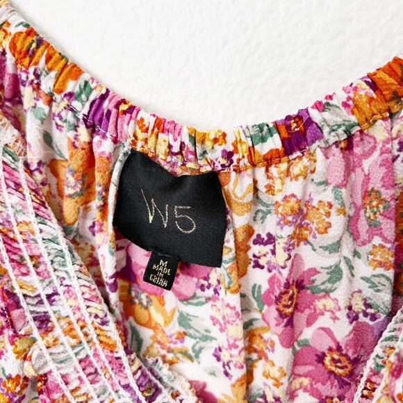 [W5] Pink Orange Floral Print Puff Sleeve Smocked Neck Scoop Blouse Sz Medium M - Picture 9 of 10